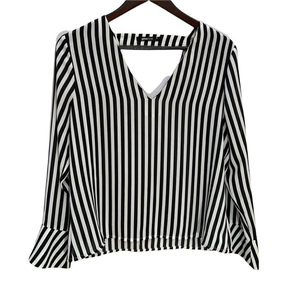 TRICOT Black/White Striped V-Neck Long Sleeve Blouse Top Size M